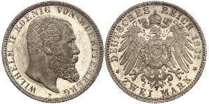 2 Mark Reino de Wurtemberg (1806-1918) Plata Wilhelm II, German Emperor (1859-1941)