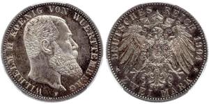 2 Mark Reino de Wurtemberg (1806-1918) Plata Wilhelm II, German Emperor (1859-1941)