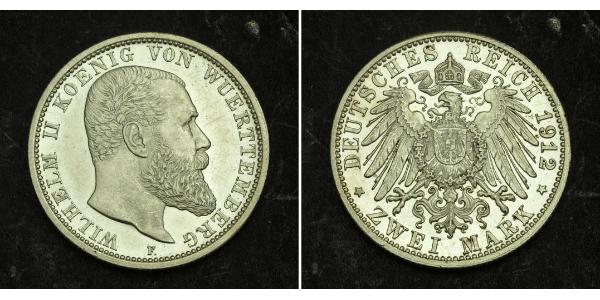 2 Mark Reino de Wurtemberg (1806-1918) Plata Wilhelm II, German Emperor (1859-1941)