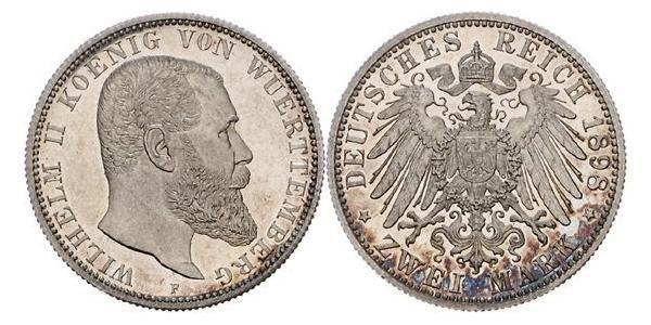 2 Mark Reino de Wurtemberg (1806-1918) Plata Wilhelm II, German Emperor (1859-1941)