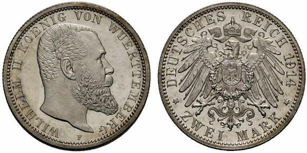 2 Mark Reino de Wurtemberg (1806-1918) Plata Wilhelm II, German Emperor (1859-1941)