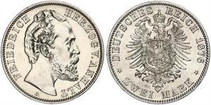 2 Mark Anhalt-Dessau (1603 -1863) / Anhalt (1806 - 1918) Silber Friedrich I. (Anhalt) (1831-1904)