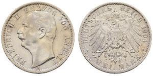 2 Mark Anhalt-Dessau (1603 -1863) / Anhalt (1806 - 1918) Silber Friedrich II. (Anhalt)(1856 – 1918)