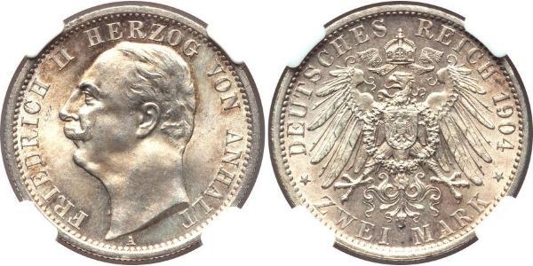 2 Mark Anhalt-Dessau (1603 -1863) / Anhalt (1806 - 1918) Silber Friedrich II. (Anhalt)(1856 – 1918)