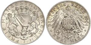 2 Mark Freie Hansestadt Bremen Silber 