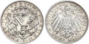 2 Mark Freie Hansestadt Bremen Silber 