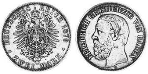 2 Mark Grand Duchy of Baden (1806-1918) Silber Friedrich I. (Baden, Großherzog) (1826 - 1907)