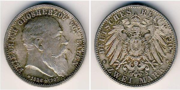 2 Mark Grand Duchy of Baden (1806-1918) Silber Friedrich I. (Baden, Großherzog) (1826 - 1907)