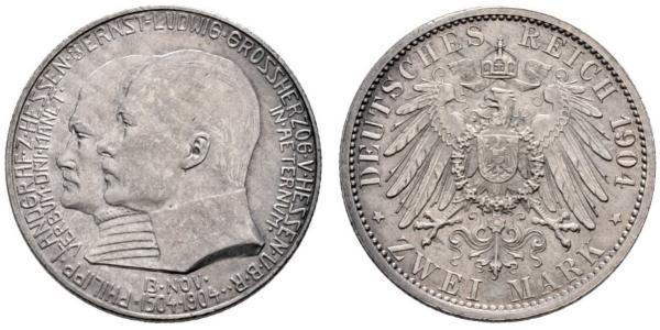 2 Mark Großherzogtum Hessen (1806 - 1918) Silber Ernst Ludwig (Hessen-Darmstadt, Großherzog) (1868 - 1937)