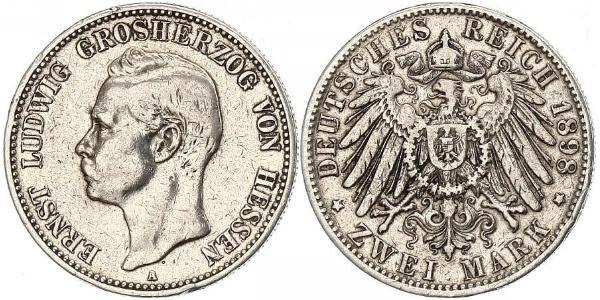 2 Mark Großherzogtum Hessen (1806 - 1918) Silber Ernst Ludwig (Hessen-Darmstadt, Großherzog) (1868 - 1937)