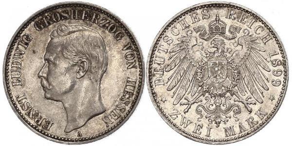 2 Mark Großherzogtum Hessen (1806 - 1918) Silber Ernst Ludwig (Hessen-Darmstadt, Großherzog) (1868 - 1937)