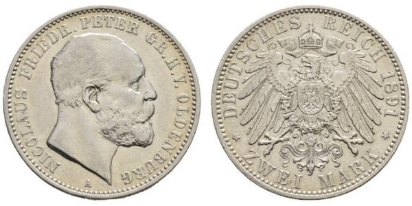 2 Mark Großherzogtum Oldenburg (1814 - 1918) Silber Peter II. (Oldenburg) (1827 - 1900)