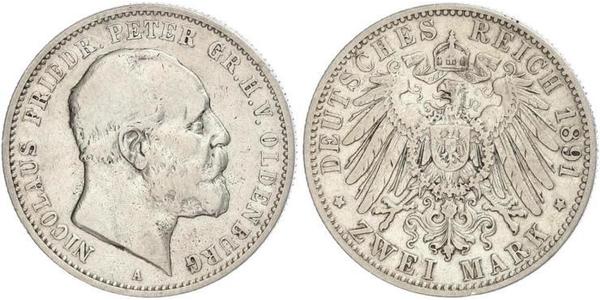 2 Mark Großherzogtum Oldenburg (1814 - 1918) Silber Peter II. (Oldenburg) (1827 - 1900)