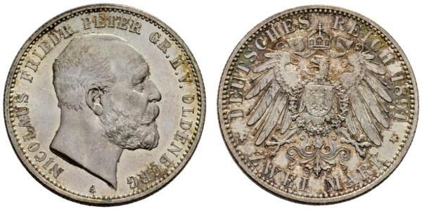 2 Mark Großherzogtum Oldenburg (1814 - 1918) Silber Peter II. (Oldenburg) (1827 - 1900)