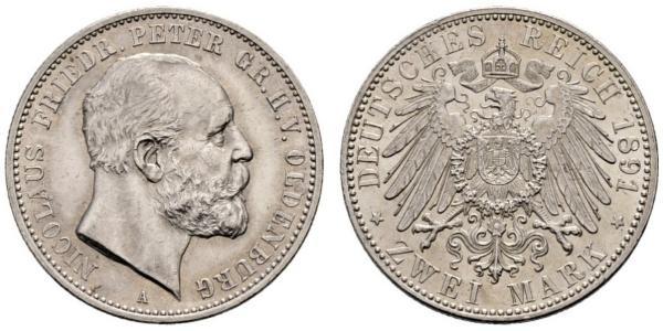 2 Mark Großherzogtum Oldenburg (1814 - 1918) Silber Peter II. (Oldenburg) (1827 - 1900)