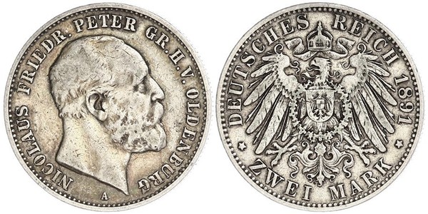 2 Mark Großherzogtum Oldenburg (1814 - 1918) Silber Peter II. (Oldenburg) (1827 - 1900)