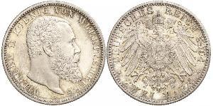 2 Mark Königreich Württemberg (1806-1918) Silber Wilhelm II, German Emperor (1859-1941)