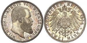 2 Mark Königreich Württemberg (1806-1918) Silber Wilhelm II, German Emperor (1859-1941)