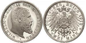 2 Mark Königreich Württemberg (1806-1918) Silber Wilhelm II, German Emperor (1859-1941)
