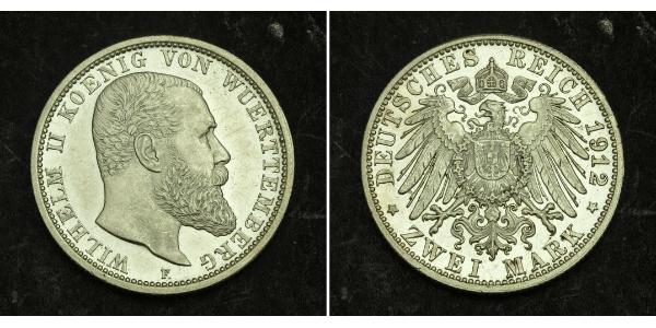 2 Mark Königreich Württemberg (1806-1918) Silber Wilhelm II, German Emperor (1859-1941)