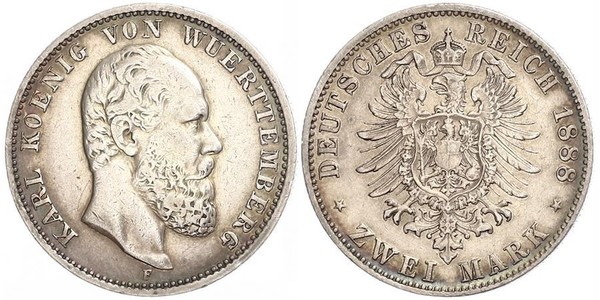 2 Mark Königreich Württemberg (1806-1918) Silber Karl (Württemberg)