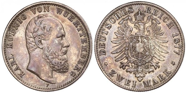 2 Mark Königreich Württemberg (1806-1918) Silber Karl (Württemberg)