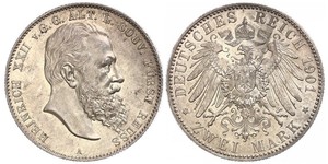 2 Mark Reuß älterer Linie (1778 - 1918) Silber Heinrich XXII (1859 - 1902)