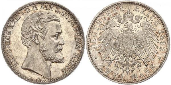 2 Mark Reuß älterer Linie (1778 - 1918) Silber Heinrich XXII (1859 - 1902)
