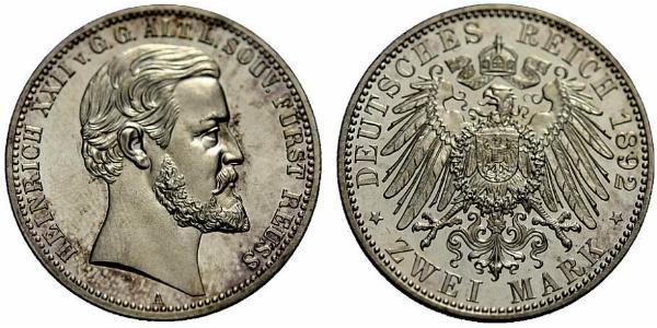 2 Mark Reuß älterer Linie (1778 - 1918) Silber Heinrich XXII (1859 - 1902)