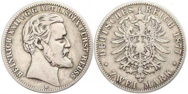 2 Mark Reuß älterer Linie (1778 - 1918) Silber Heinrich XXII (1859 - 1902)