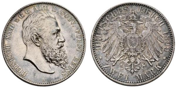 2 Mark Reuß älterer Linie (1778 - 1918) Silber Heinrich XXII (1859 - 1902)
