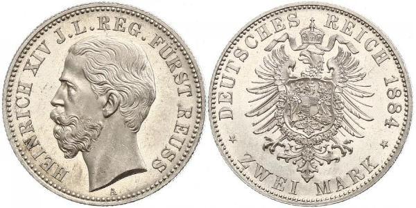 2 Mark Reuß älterer Linie (1778 - 1918) Silber Heinrich XIV. (Reuß jüngere Linie)