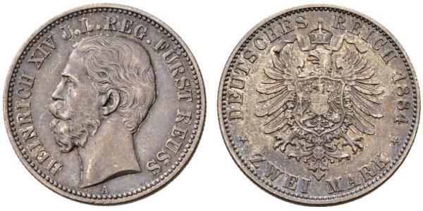 2 Mark Reuß älterer Linie (1778 - 1918) Silber Heinrich XIV. (Reuß jüngere Linie)