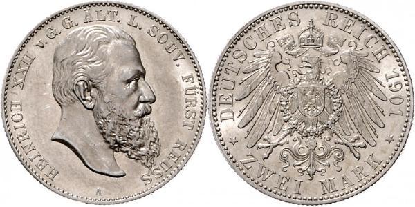 2 Mark Reuß älterer Linie (1778 - 1918) Silber Heinrich XXII (1859 - 1902)