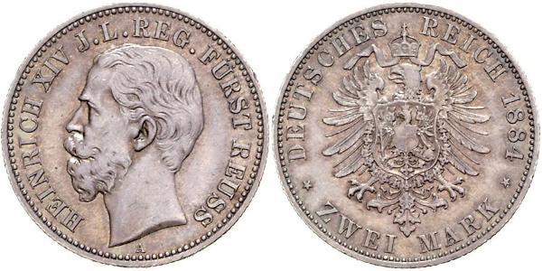 2 Mark Reuß älterer Linie (1778 - 1918) Silber Heinrich XIV. (Reuß jüngere Linie)