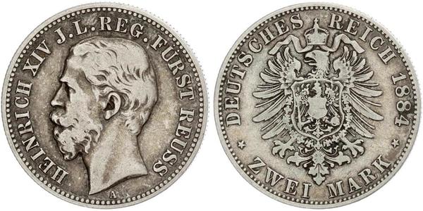 2 Mark Reuß älterer Linie (1778 - 1918) Silber Heinrich XIV. (Reuß jüngere Linie)