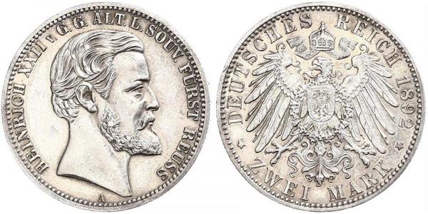 2 Mark Reuß älterer Linie (1778 - 1918) Silber Heinrich XXII (1859 - 1902)