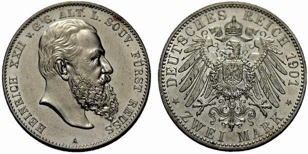 2 Mark Reuß älterer Linie (1778 - 1918) Silber Heinrich XXII (1859 - 1902)