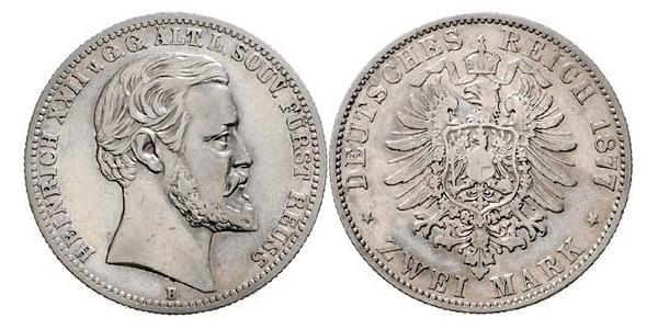 2 Mark Reuß älterer Linie (1778 - 1918) Silber Heinrich XXII (1859 - 1902)