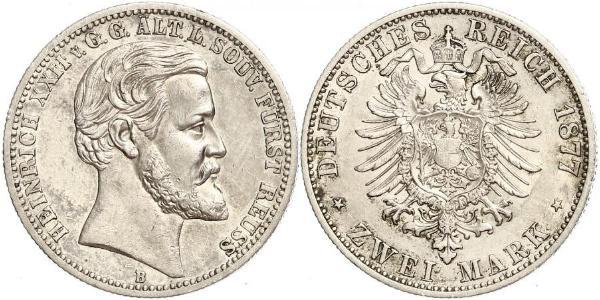 2 Mark Reuß älterer Linie (1778 - 1918) Silber Heinrich XXII (1859 - 1902)