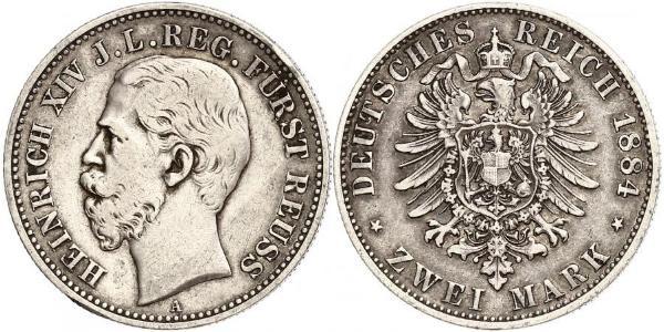 2 Mark Reuß älterer Linie (1778 - 1918) Silber Heinrich XIV. (Reuß jüngere Linie)