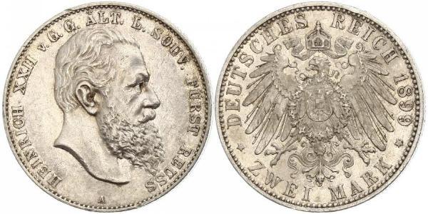 2 Mark Reuß älterer Linie (1778 - 1918) Silber Heinrich XXII (1859 - 1902)