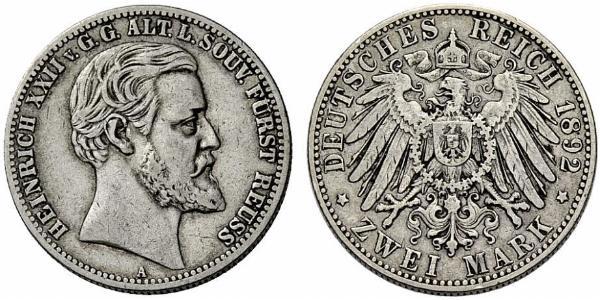 2 Mark Reuß älterer Linie (1778 - 1918) Silber Heinrich XXII (1859 - 1902)