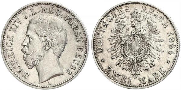 2 Mark Reuß älterer Linie (1778 - 1918) Silber Heinrich XIV. (Reuß jüngere Linie)