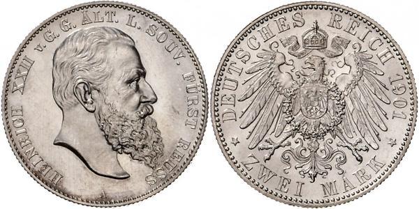 2 Mark Reuß älterer Linie (1778 - 1918) Silber Heinrich XXII (1859 - 1902)