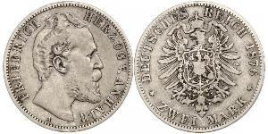 2 Mark Anhalt-Dessau (1603 -1863) / Duchy of Anhalt (1806 - 1918) Silver Frederick I, Duke of Anhalt (1831-1904)