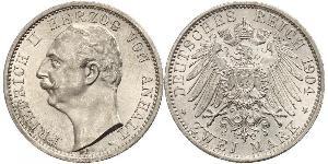 2 Mark Anhalt-Dessau (1603 -1863) / Duchy of Anhalt (1806 - 1918) Silver Friedrich II, Duke of Anhalt (1856 – 1918)