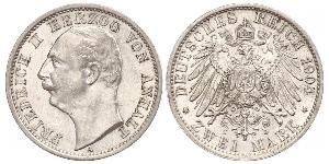 2 Mark Anhalt-Dessau (1603 -1863) / Duchy of Anhalt (1806 - 1918) Silver Friedrich II, Duke of Anhalt (1856 – 1918)