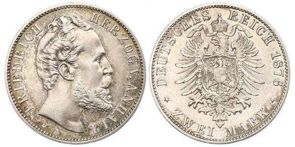 2 Mark Anhalt-Dessau (1603 -1863) / Duchy of Anhalt (1806 - 1918) Silver Frederick I, Duke of Anhalt (1831-1904)