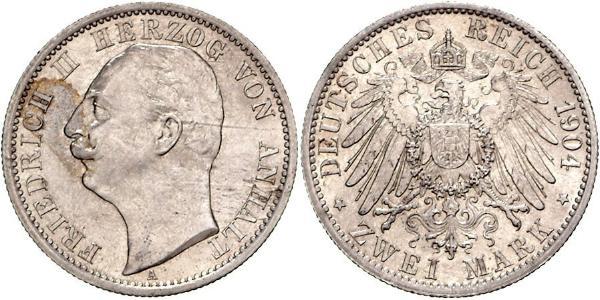 2 Mark Anhalt-Dessau (1603 -1863) / Duchy of Anhalt (1806 - 1918) Silver Friedrich II, Duke of Anhalt (1856 – 1918)